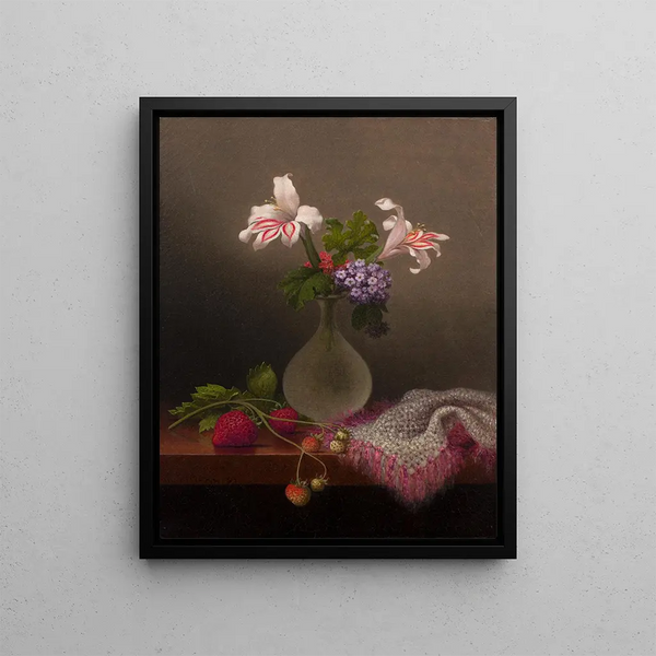 a vase of lilies of the wheat and heliotrope - Martin Johnson Heade — framed artwork on a wall