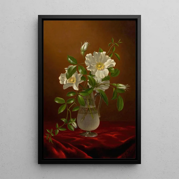 Roses Cherokee in a glass vase - Martin Johnson Heade — framed artwork on a wall