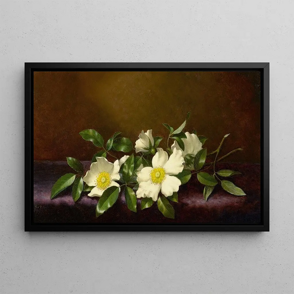 Roses Cherokee sur un tissu violet - Martin Johnson Heade — framed artwork on a wall