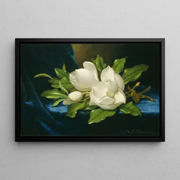 Giant Magnolias on Blue Velvet Fabric - Martin Johnson Heade — framed artwork on a wall