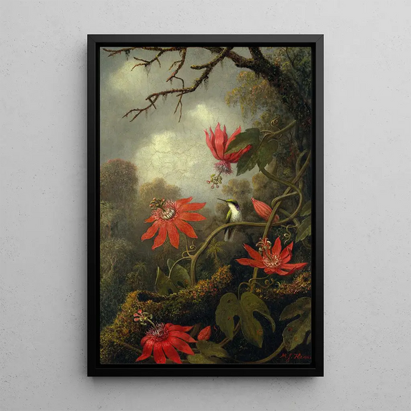 Hummingbird and Passiflora - Martin Johnson Heade — framed artwork on a wall