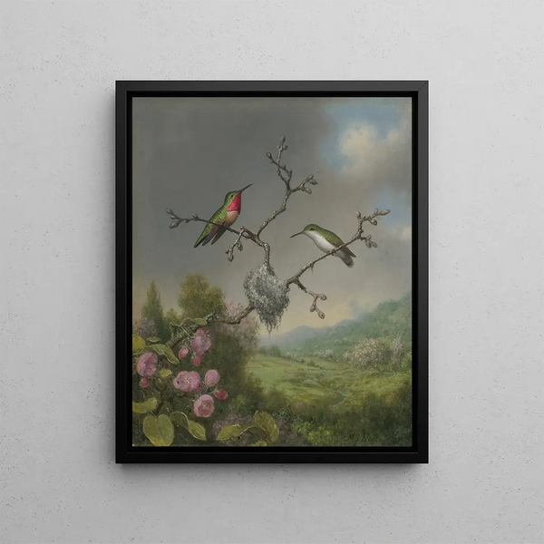 Hummingbirds and Apple Blossom Flowers - Martin Johnson Heade — framed artwork on a wall