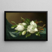 Magnolias on light blue velvet fabric - Martin Johnson Heade — framed artwork on a wall