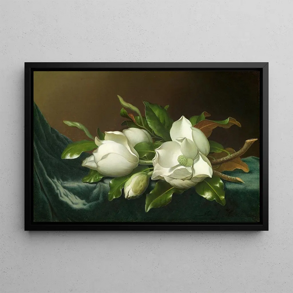 Magnolias on light blue velvet fabric - Martin Johnson Heade — framed artwork on a wall