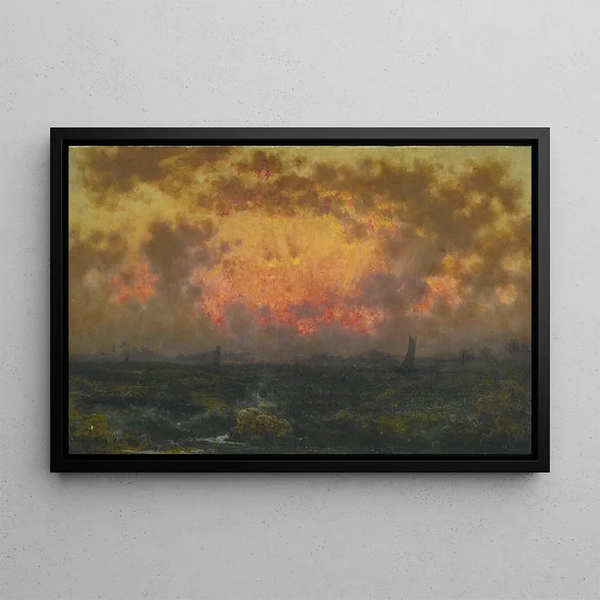 Sunset over the coast painting View of New York Harbor at sunset in Florida - Martin Johnson Heade — framed artwork on a wall