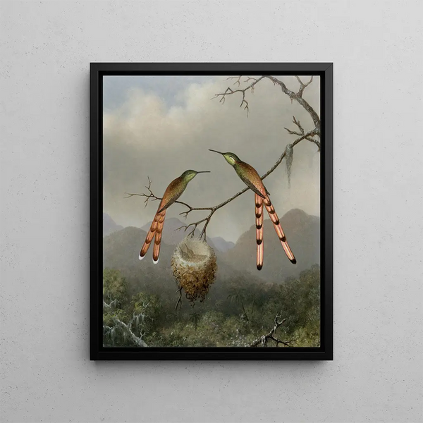 Two Hummingbirds with Their Chicks - Martin Johnson Heade — framed artwork on a wall