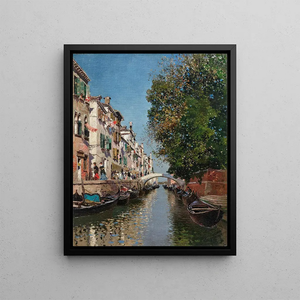 A Sunny Day on a Venetian Canal - Martín Rico y Ortega — framed artwork on a wall