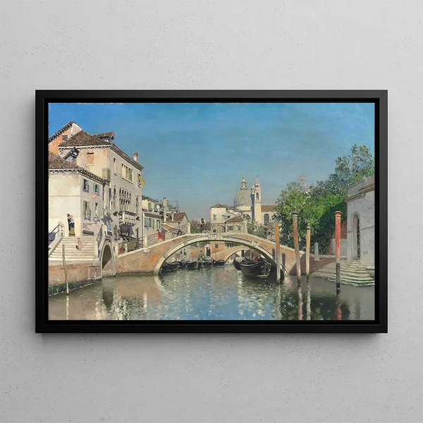 a Venetian canal with gondolas, Santa Maria della Salute in the distance - Martín Rico y Ortega — framed artwork on a wall
