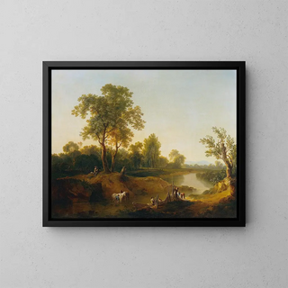 Cavaliers et pêcheurs dans un paysage fluvial - Martin von Molitor — framed artwork on a wall