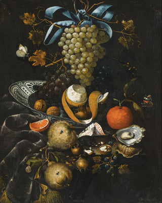 Martinus Nellius - A Still Life Of Blue And White Grapes Walnuts A HalfPeeled Lemon And Blackberries In A WanLi Porcelain Bowl.webp
