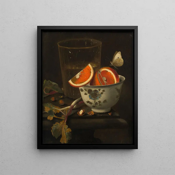 Orange painting in a porcelain bowl with chestnuts on a pedestal - Martinus Nellius — framed artwork on a wall