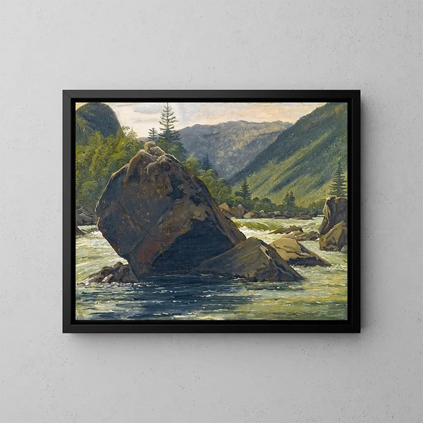 A glacial erratic in the rapids - Martinus Rørbye — framed artwork on a wall