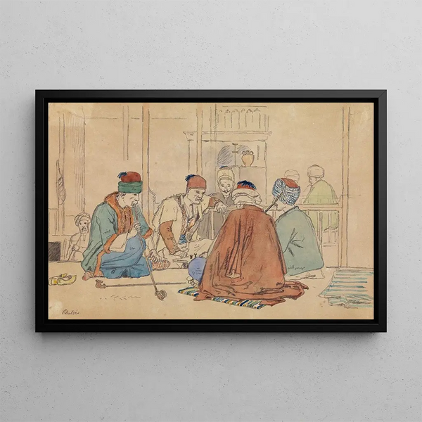 Interior coffee shop painting with men smoking pipes - Martinus Rørbye — framed artwork on a wall