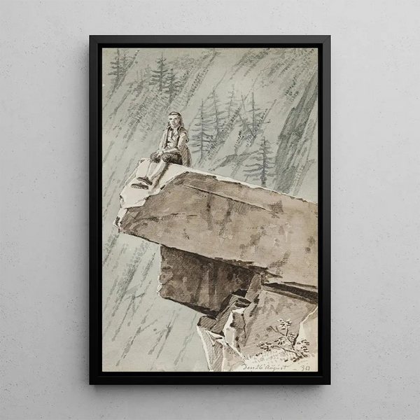 a man sitting on a rocky promontory, with a mountain slope in the background - Martinus Rørbye — framed artwork on a wall