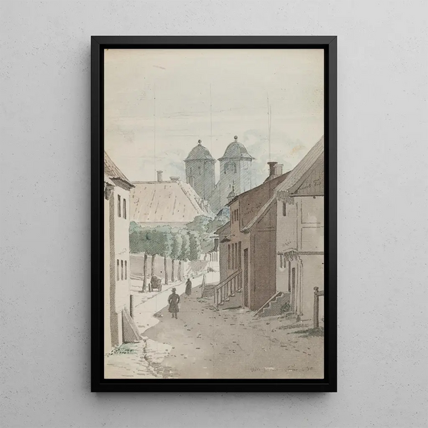 View of a street towards the two towers of Viborg Cathedral - Martinus Rørbye — framed artwork on a wall
