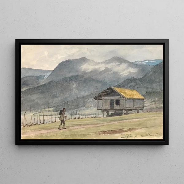 Mountain landscape with cabin and hiker - Martinus Rørbye — framed artwork on a wall