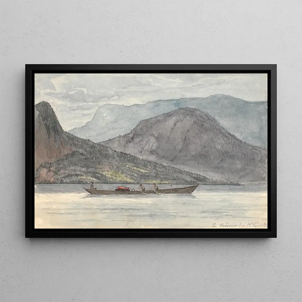 Landscape painting of a fjord with a rowboat - Martinus Rørbye — framed artwork on a wall
