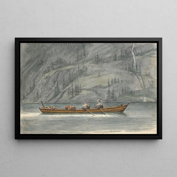 Landscape painting of a fjord with a rowing boat Krøderen Norway - Martinus Rørbye — framed artwork on a wall