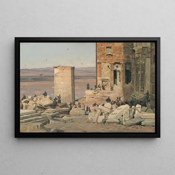 Greek painters working in the ruins of the Acropolis - Martinus Rørbye — framed artwork on a wall