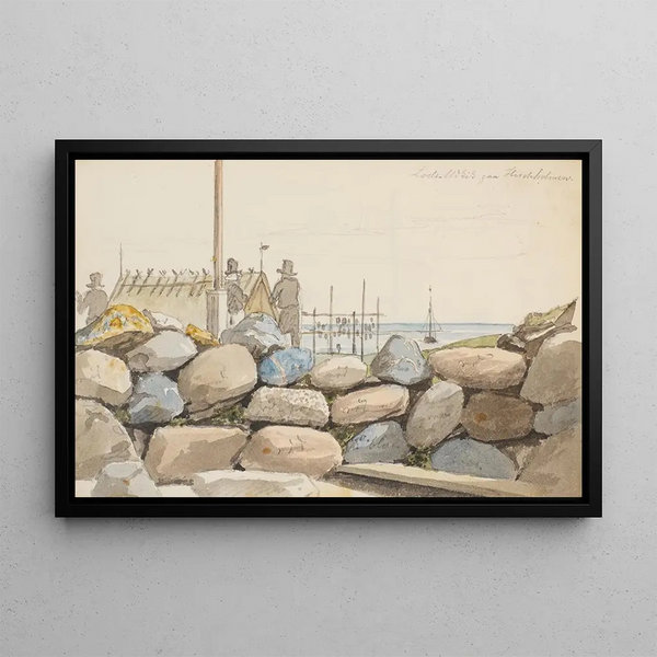 Coastal landscape painting with large rocks in the foreground - Martinus Rørbye — framed artwork on a wall