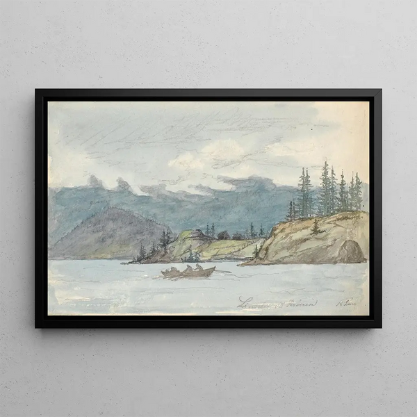 Landscape painting of a lakeside scene with a rowboat, the Krøderen fjord, Norway - Martinus Rørbye — framed artwork on a wall