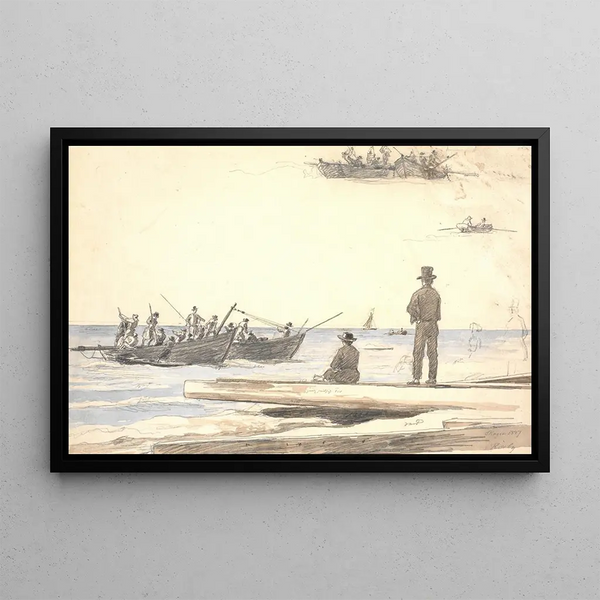 Les pêcheurs naviguent vers la plage de Skagen - Martinus Rørbye — framed artwork on a wall