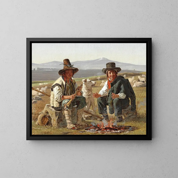 Two young Italian shepherds sitting near the fire - Martinus Rørbye — framed artwork on a wall