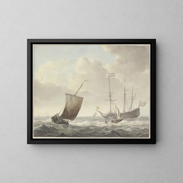 Seascape with Ships and a Yellow Flag with a Golden Lion - Martinus Schouman — framed artwork on a wall