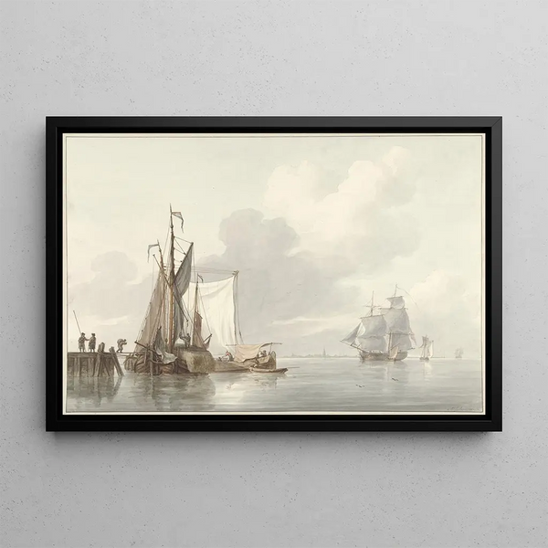 View of a River with Moored Boats - Martinus Schouman — framed artwork on a wall