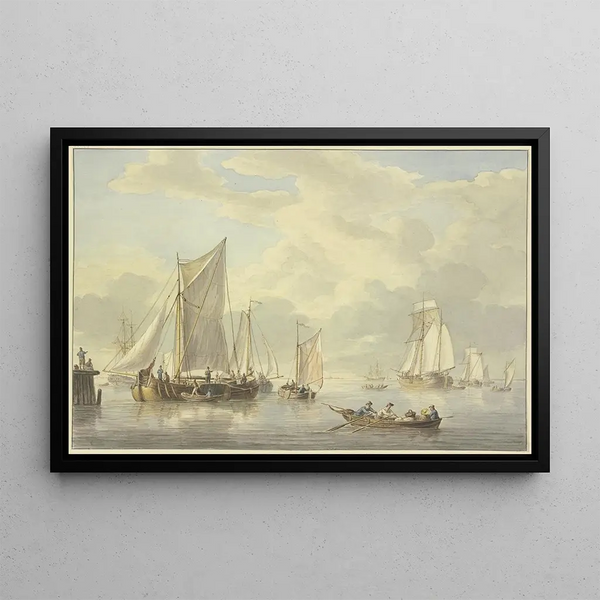 Calm sea painting with many ships, in front of a boat with three rowers and a woman - Martinus Schouman — framed artwork on a wall