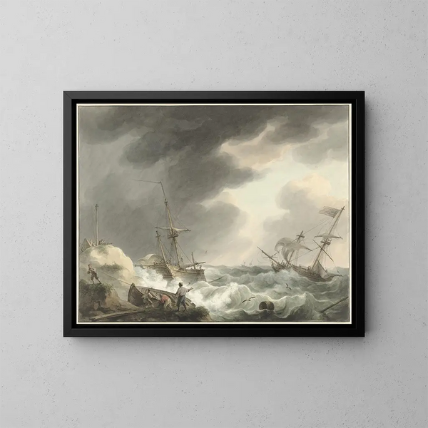 Wreck of Two Ships, one under American flag, on a dune coast - Martinus Schouman — framed artwork on a wall