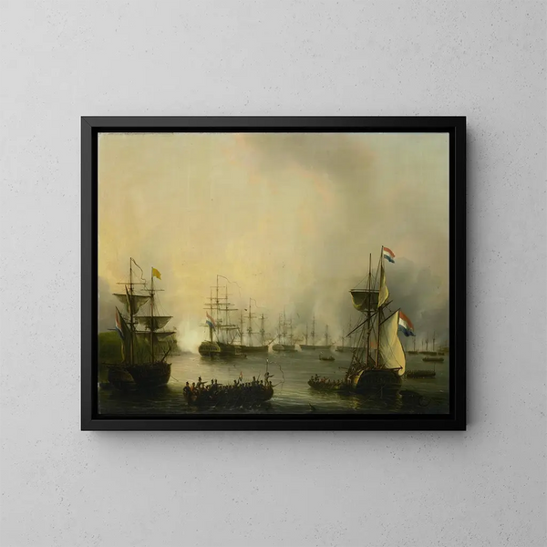 The Bombardment of Palembang, Sumatra, June 24, 1821 - Martinus Schouman — framed artwork on a wall