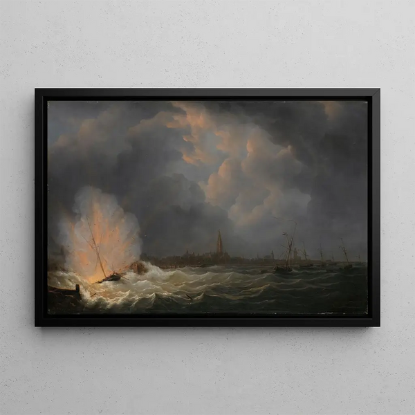 L'explosion de la canonnière n° 2 sous le commandement de Jan van Speijk au large d'Anvers, 5 février 1831 - Martinus Schouman — framed artwork on a wall