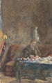 Interior painting with man writing on a sofa behind a table - Martinus van Andringa — artwork view