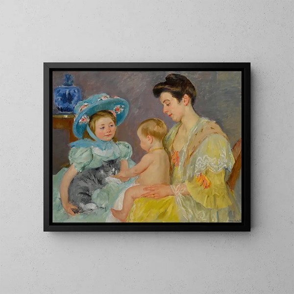 Children playing with a cat - Mary Cassatt — framed artwork on a wall