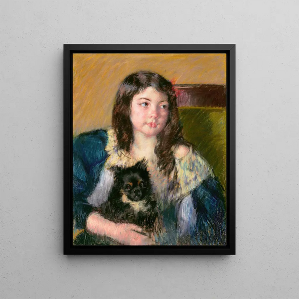 Françoise holding a small dog looking far to the right - Mary Cassatt — framed artwork on a wall