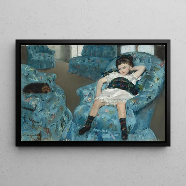Little girl in a blue armchair - Mary Cassatt — framed artwork on a wall