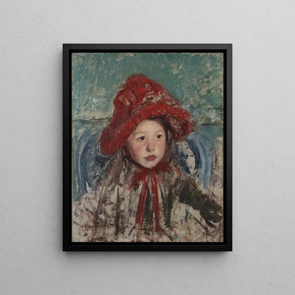 Little girl with a large red hat - Mary Cassatt — framed artwork on a wall