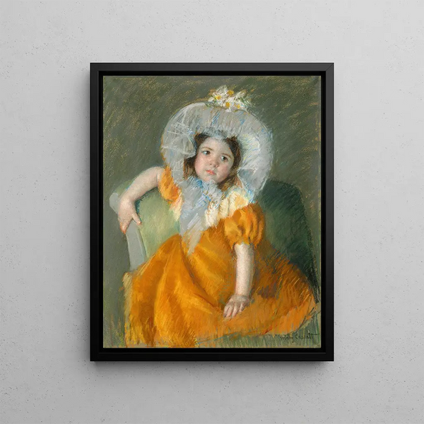 Margot in orange dress - Mary Cassatt — framed artwork on a wall