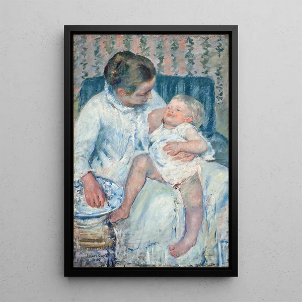 Mother about to wash her sleeping child - Mary Cassatt — framed artwork on a wall