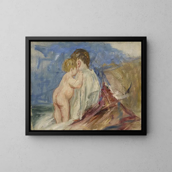 Mother sitting with a baby standing beside her in a landscape - Mary Cassatt — framed artwork on a wall