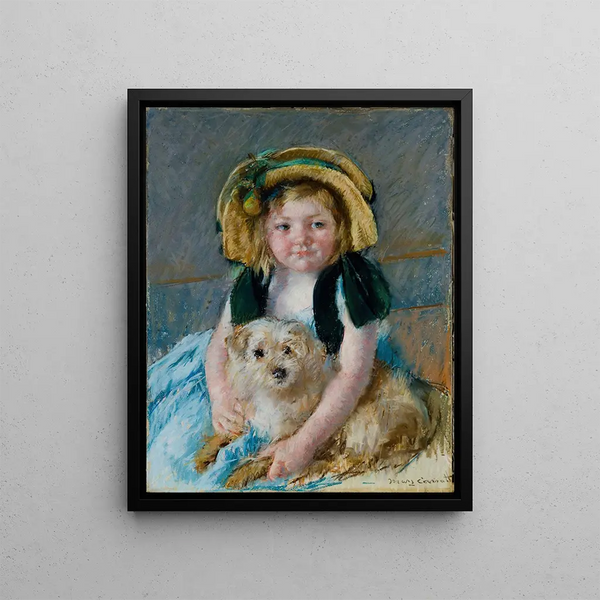 Sara with her dog - Mary Cassatt — framed artwork on a wall