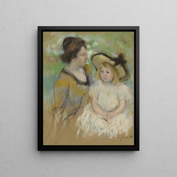 Simone sitting on the grass next to her mother - Mary Cassatt — framed artwork on a wall