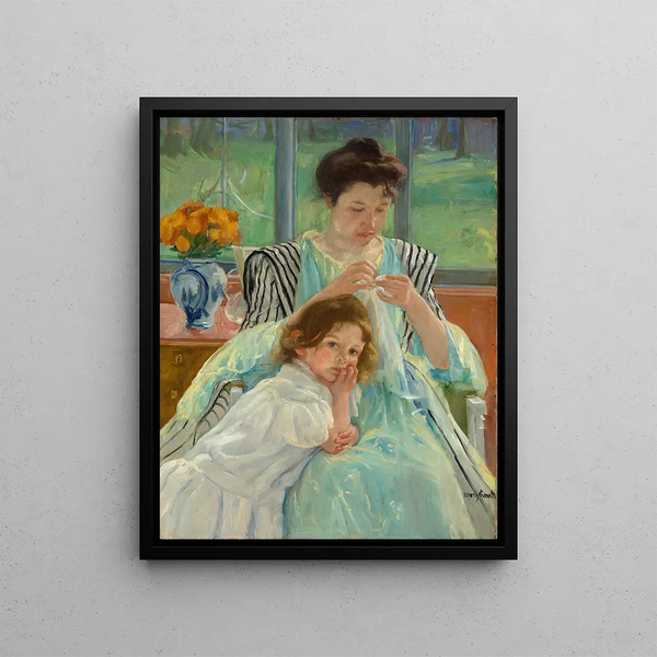 Young mother sewing - Mary Cassatt — framed artwork on a wall