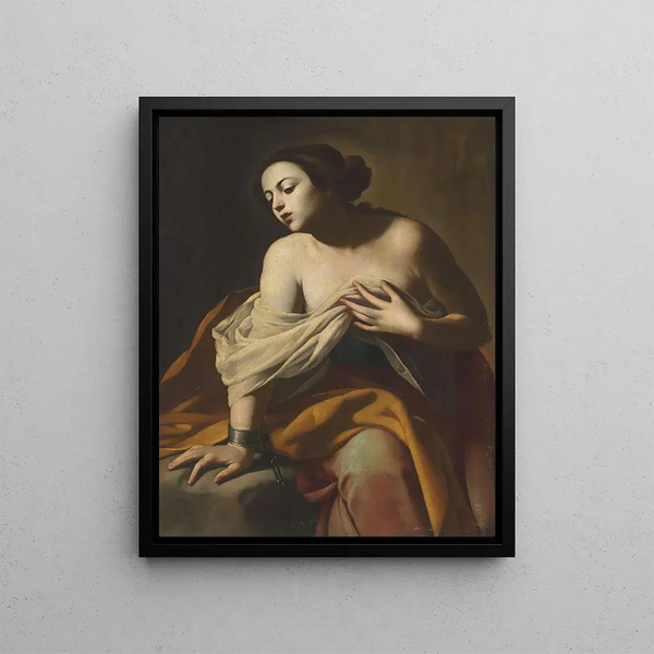Sainte femme painting, the right arm chained - Massimo Stanzione — framed artwork on a wall