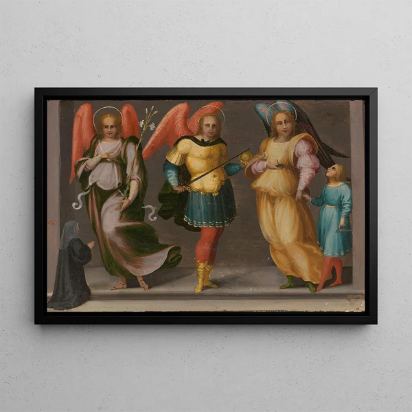 Archangels Gabriel, Michael, and Raphael with Tobiah and a donor - Master of Serumido — framed artwork on a wall