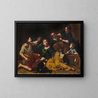 Children playing with cats and a mouse - Maître des Armenti — framed artwork on a wall