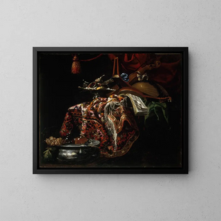 Still life with musical instruments - Master of the Carpets — framed artwork on a wall