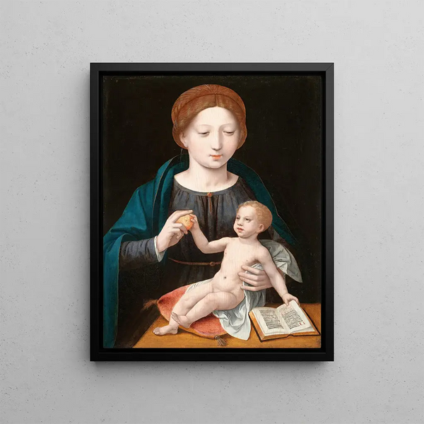The Virgin and Child with an Apple and an Open Book - Master of the Half-Lengths of Women — framed artwork on a wall
