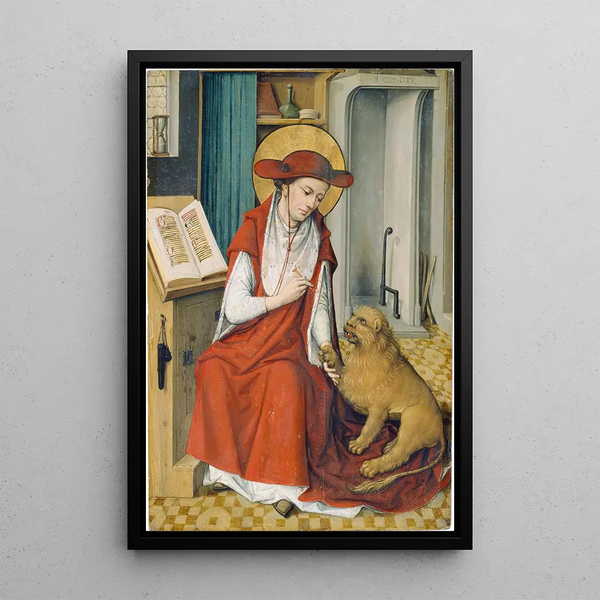Saint Jerome in his study with the lion - Master of the Book of House — framed artwork on a wall